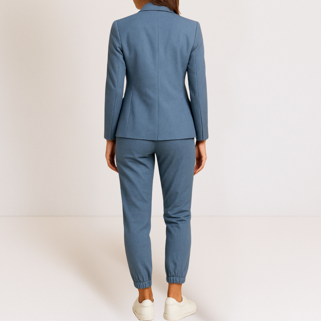 Ensemble veste blazer et pantalon de jogging bleu, taille à cordon et chevilles resserrées