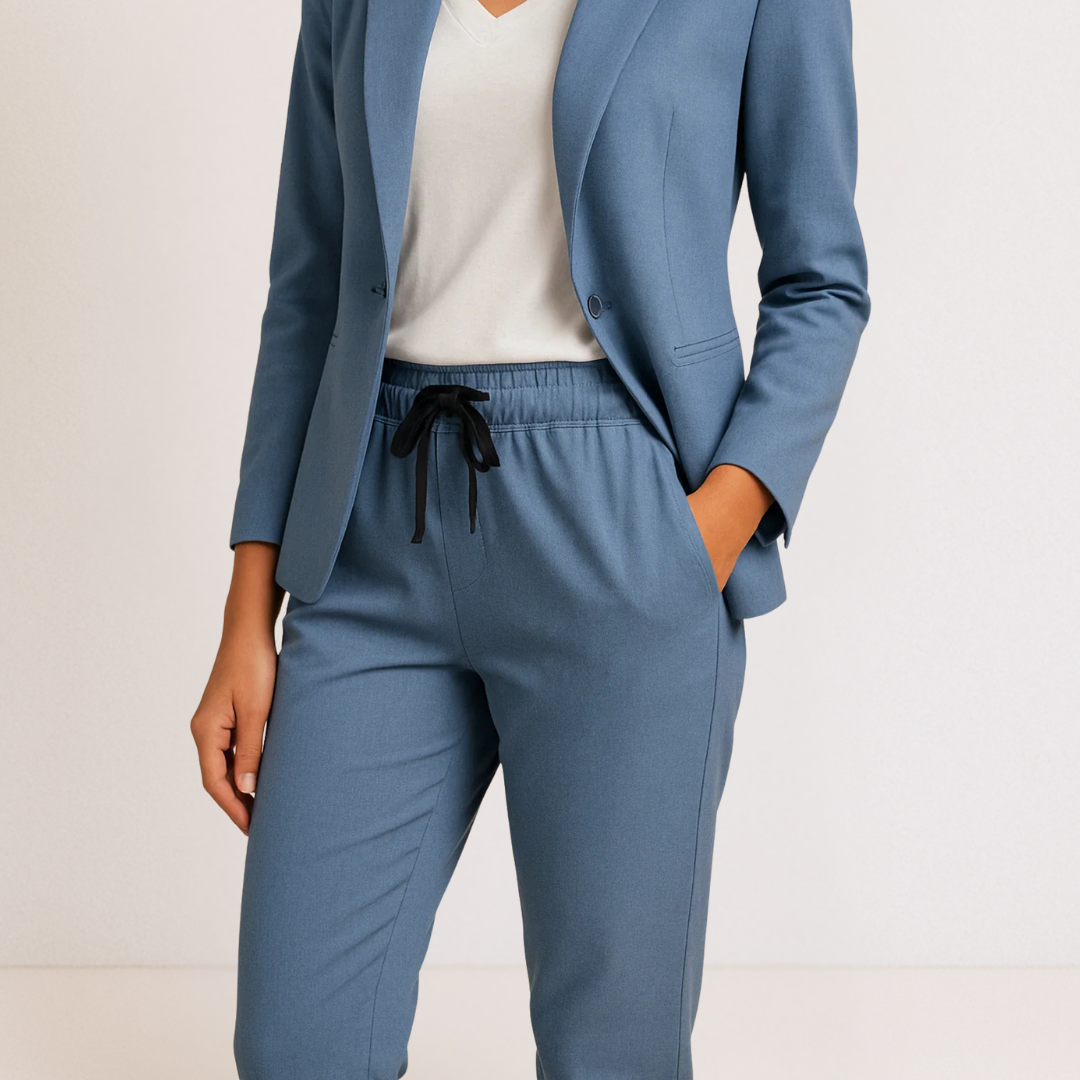 Ensemble veste blazer et pantalon de jogging bleu, pantalon à cordon à la taille