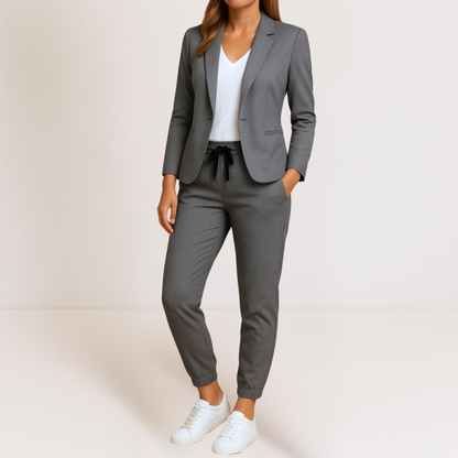 Ensemble veste blazer et pantalon de jogging gris, cordon à la taille et poches