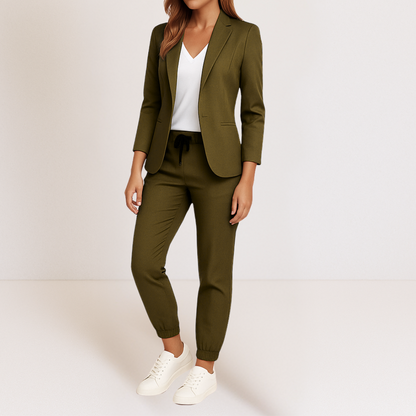 Ensemble veste blazer et pantalon de jogging vert, cordon de serrage à la taille