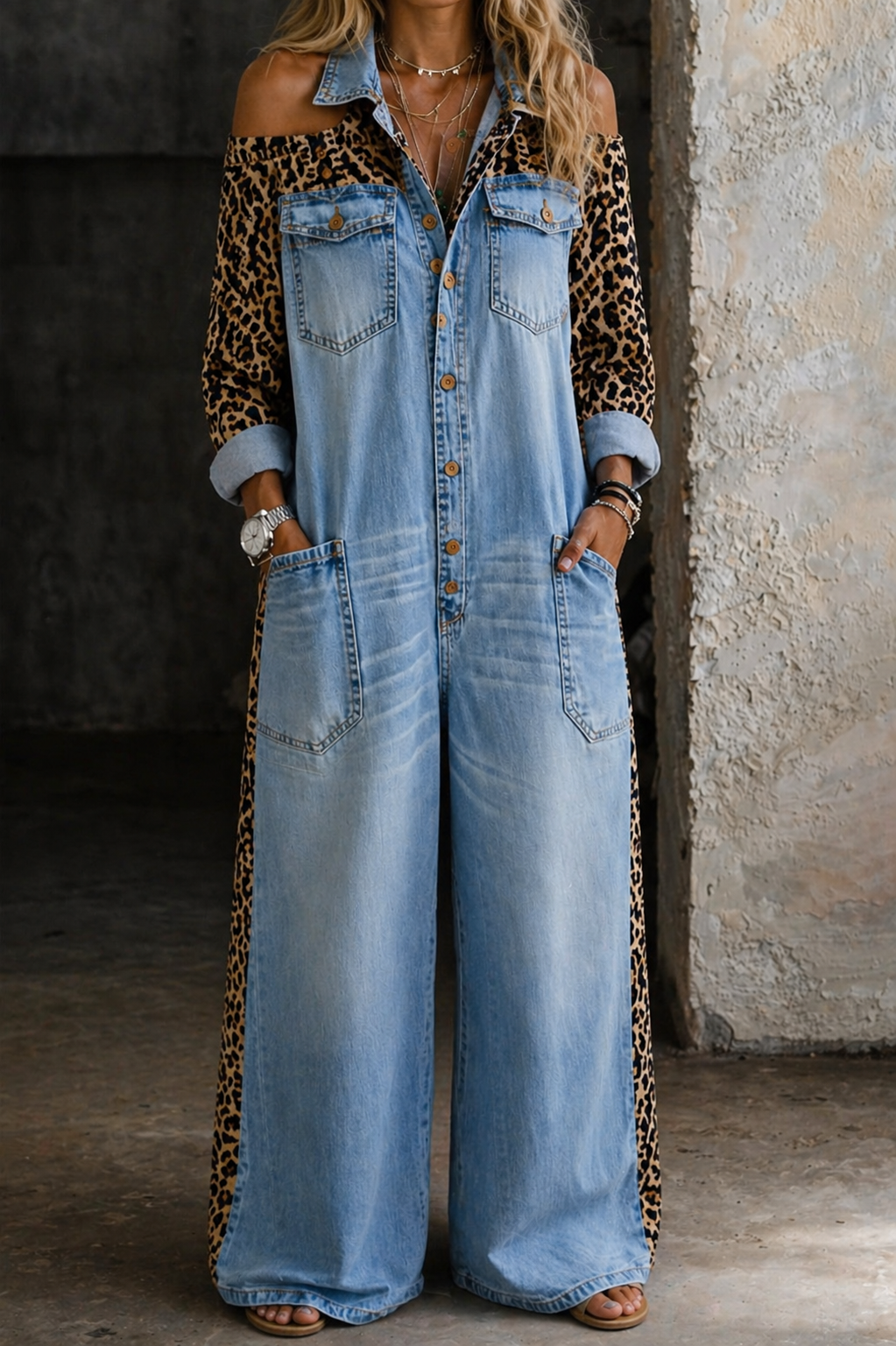 Combinaison-short en jean bleu clair, manches longues, col chemise, fermeture boutonnée, poches