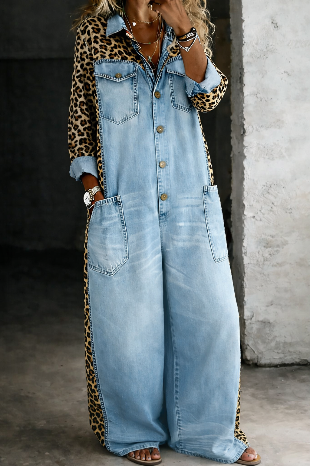 Combinaison-short en jean bleu clair, manches longues, col chemise, boutons, poches