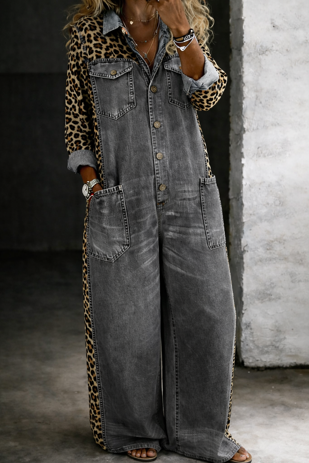 Combinaison-short en jean gris anthracite, manches longues, col chemise, boutons, poches latérales