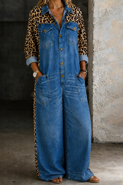 Combinaison-short en jean bleu moyen, manches longues, col chemise, boutons, poches