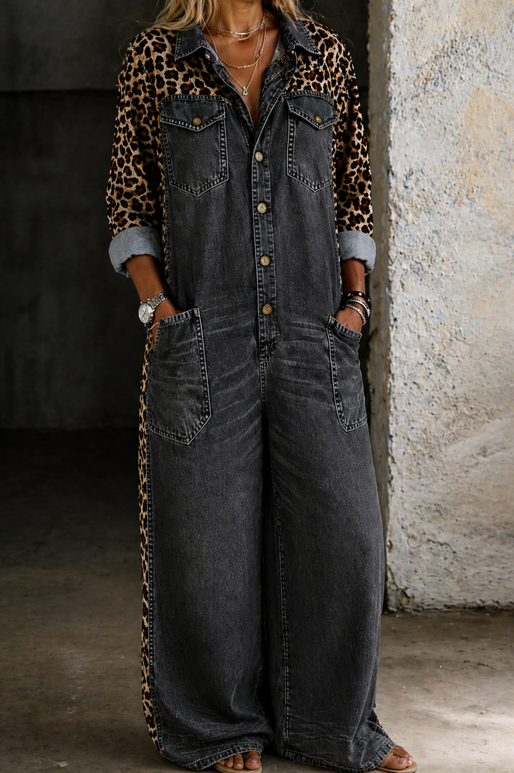 Combinaison-short en jean noir/gris très foncé, manches longues, boutons, poches poitrine