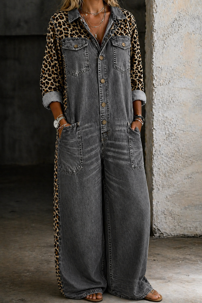 Combinaison en jean gris foncé à fermeture boutonnée, poches poitrine, jambes larges