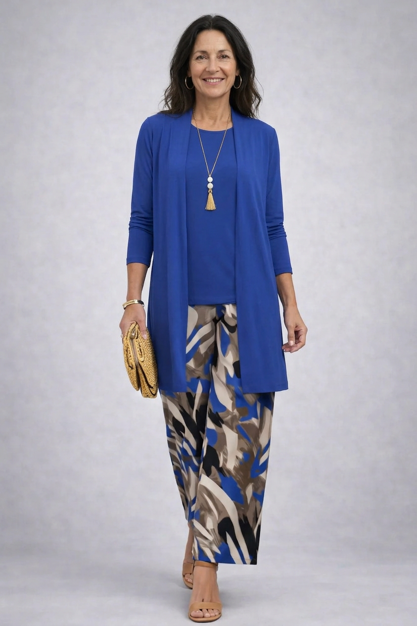 Ensemble 3 pièces bleu : veste ouverte et pantalon à motifs géométriques