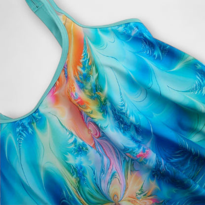 Haut de tankini bleu imprimé multicolore, bretelle fine et encolure dégagée