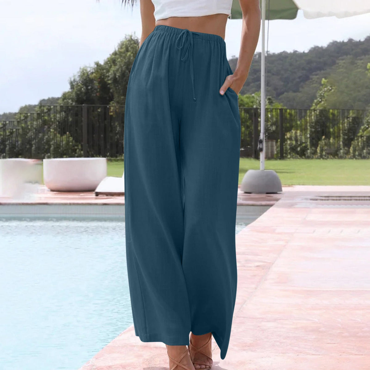 Pantalon d’été ample turquoise à taille élastique, longueur cheville