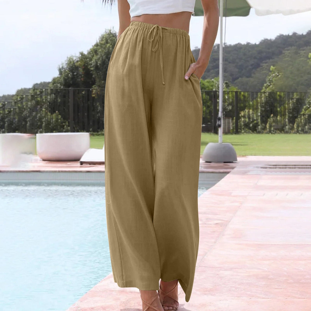Pantalon d’été ample marron clair à taille élastique, style fluide