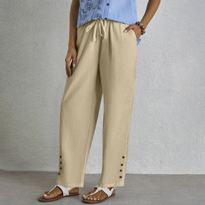 Pantalon ample kaki avec cordon à la taille, boutons latéraux et ourlet ajouré