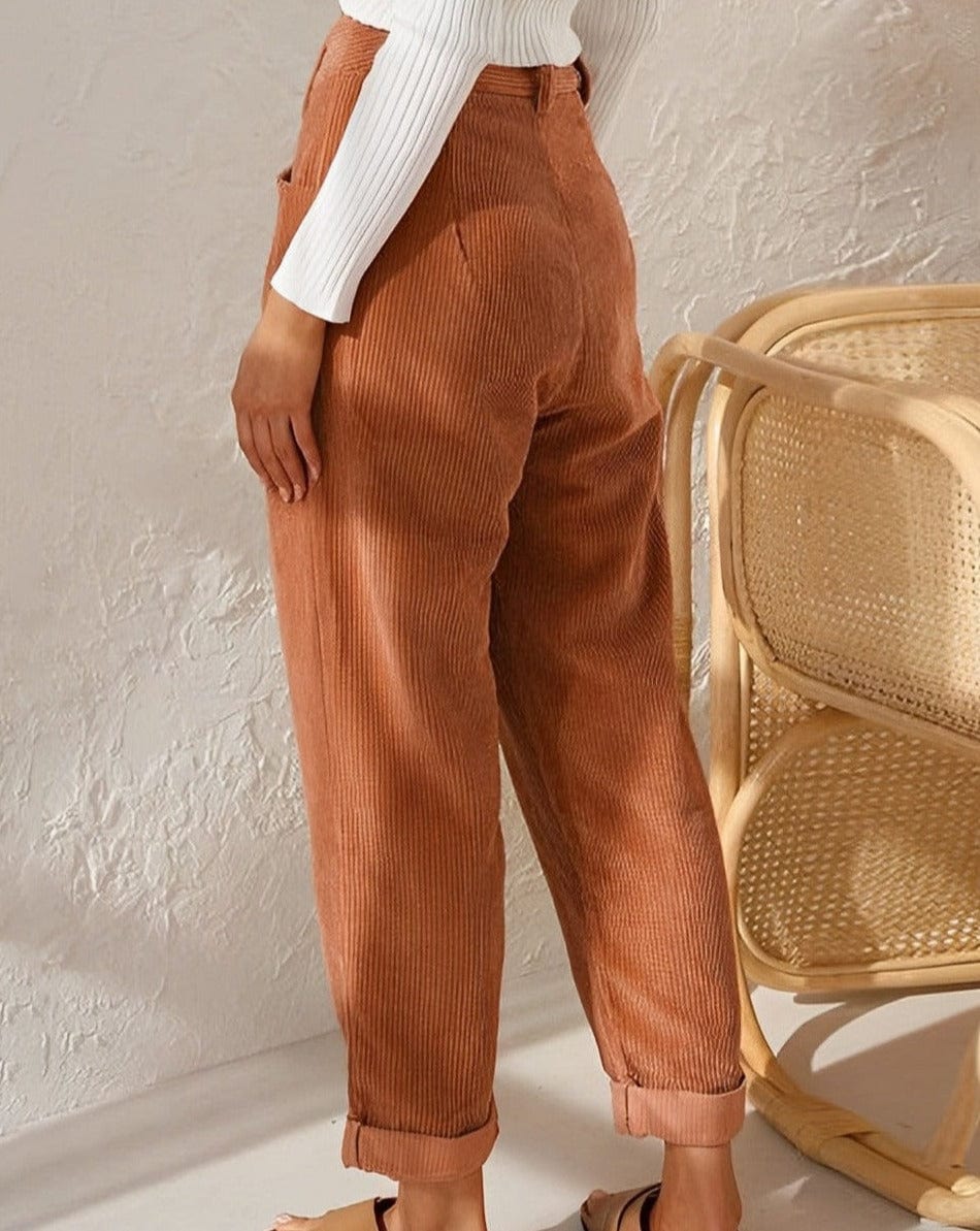 Pantalon casual côtelé brique, taille haute, fermeture à bouton, poches avant
