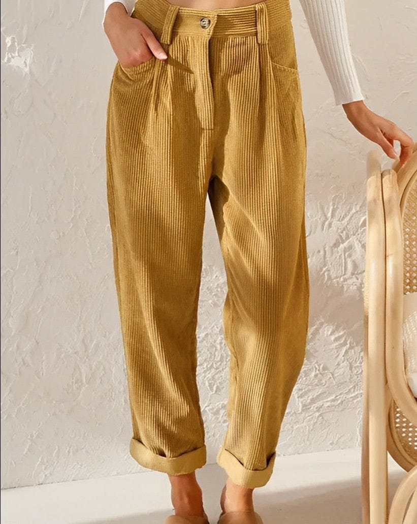 Pantalon casual côtelé moutarde, taille haute à bouton, poches et bas resserrés