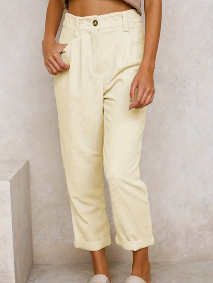 Pantalon casual en tissu côtelé blanc cassé, taille haute à bouton, poches avant