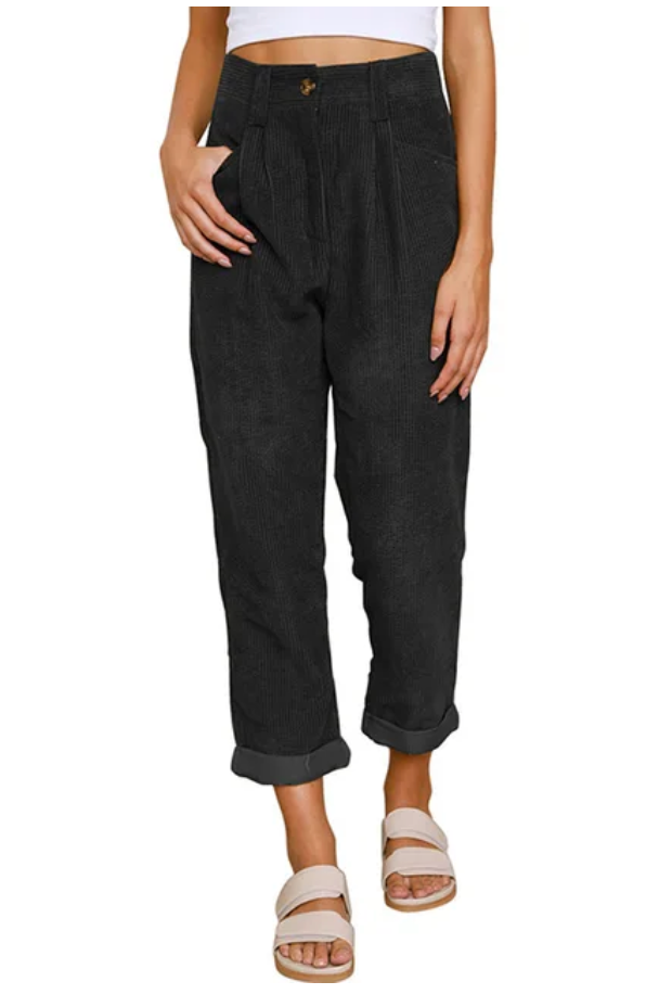 Pantalon casual côtelé noir, taille haute boutonnée, poches avant et bas resserrés
