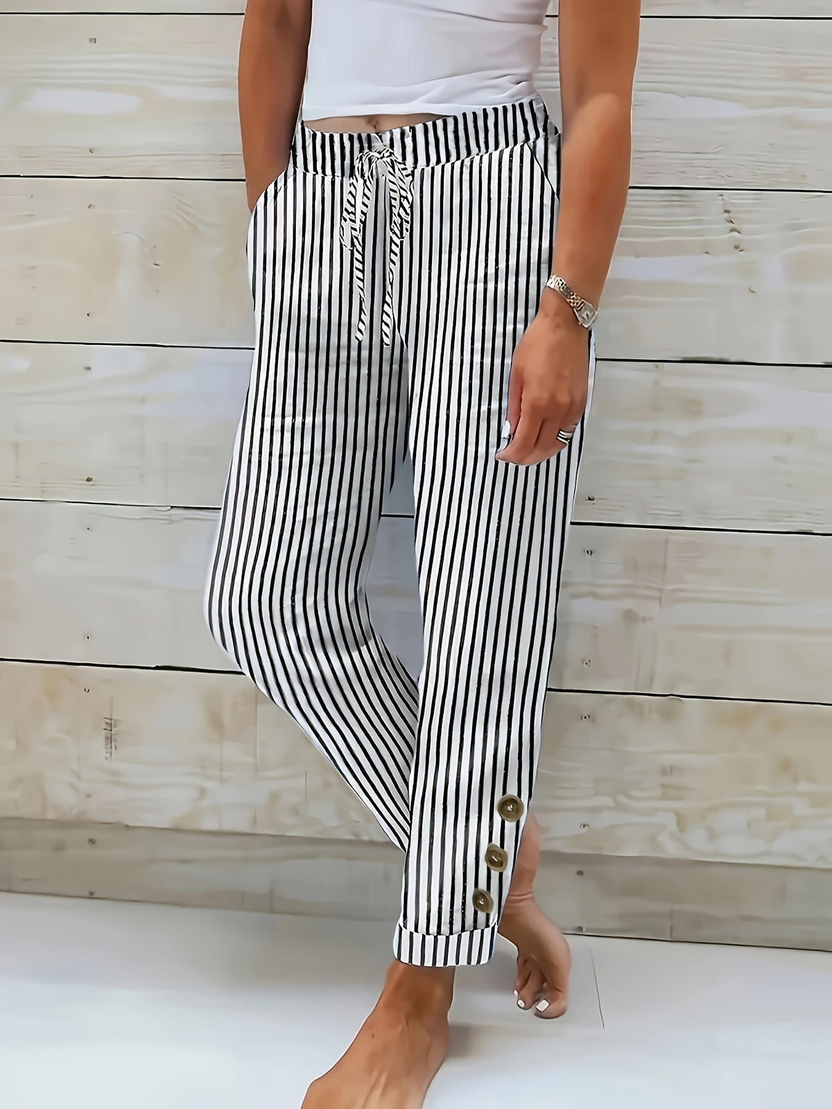 Pantalon décontracté à rayures verticales noir et blanc, taille élastique, cordon