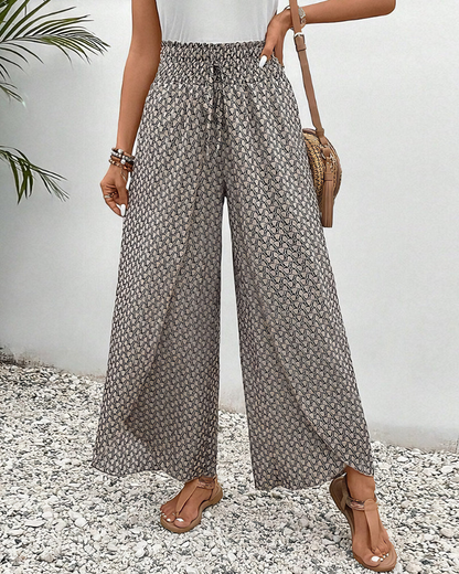 Pantalon décontracté large, taille élastique froncée, imprimé gris à motifs fins.