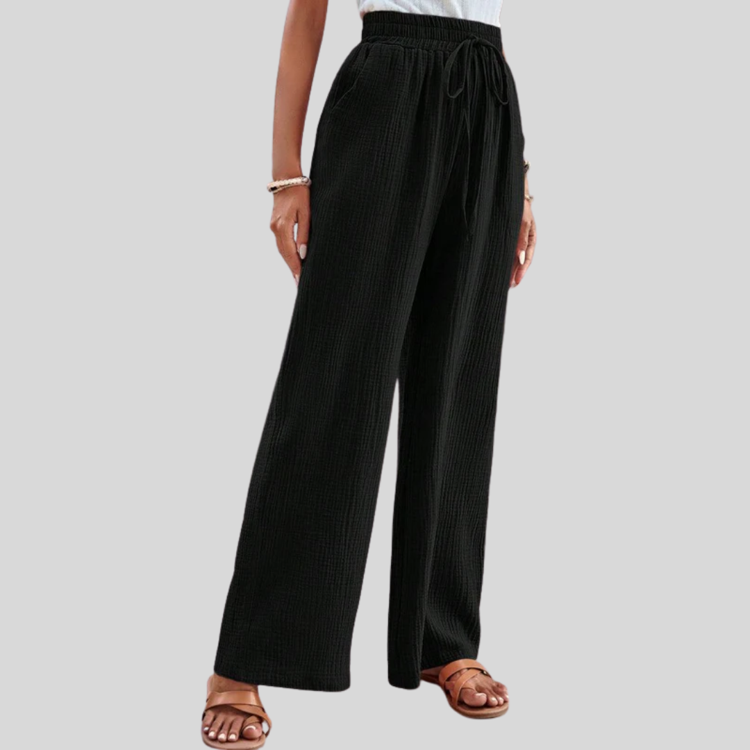 Pantalon noir à jambes larges, taille élastique froncée et cordon, texture légère