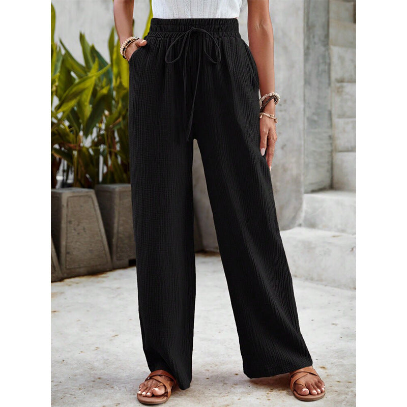 Pantalon noir ample à cordon de serrage à la taille, coupe large et décontractée