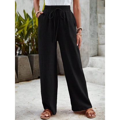 Pantalon noir ample à cordon de serrage à la taille, coupe large et décontractée