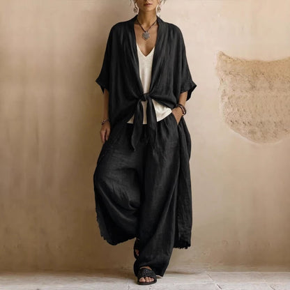 Ensemble kimono en lin noir noué, pantalon large et ample