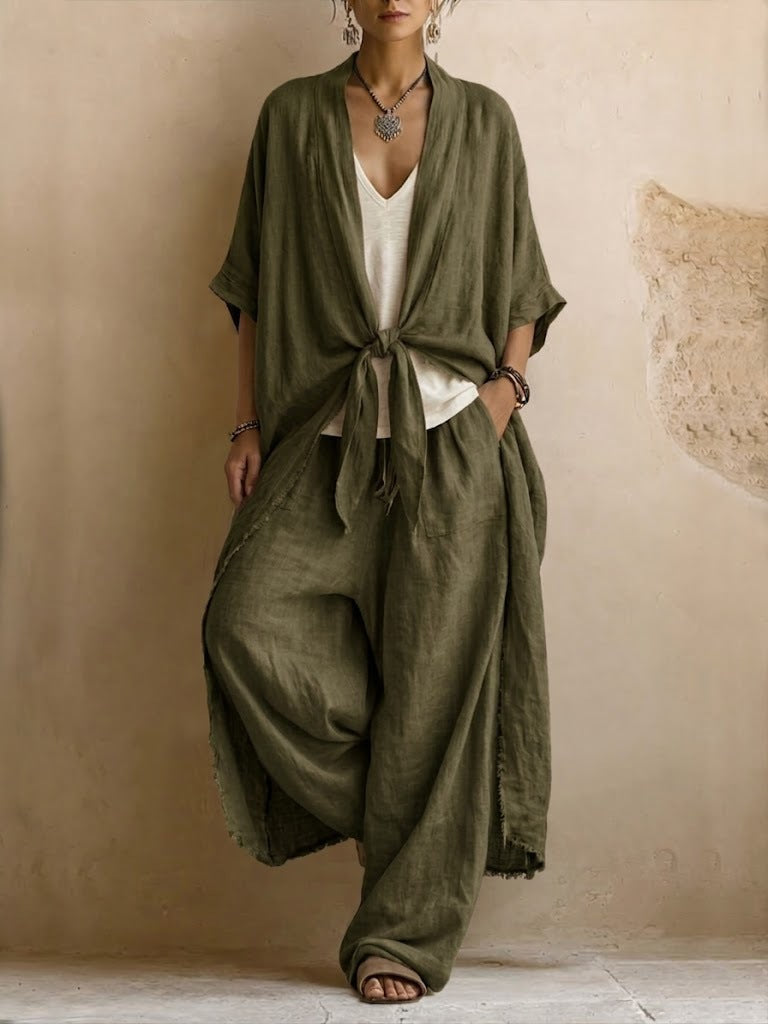 Ensemble kimono en lin vert olive noué, pantalon large drapé