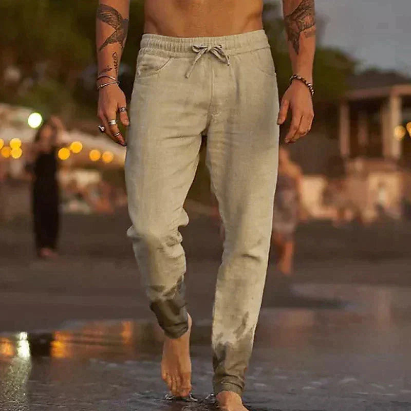 Pantalon en lin de plage kaki, taille élastique avec cordon, jambes resserrées