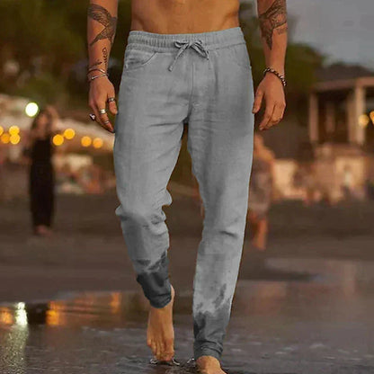 Pantalon en lin de plage gris clair, taille élastique avec cordon, coupe près des chevilles
