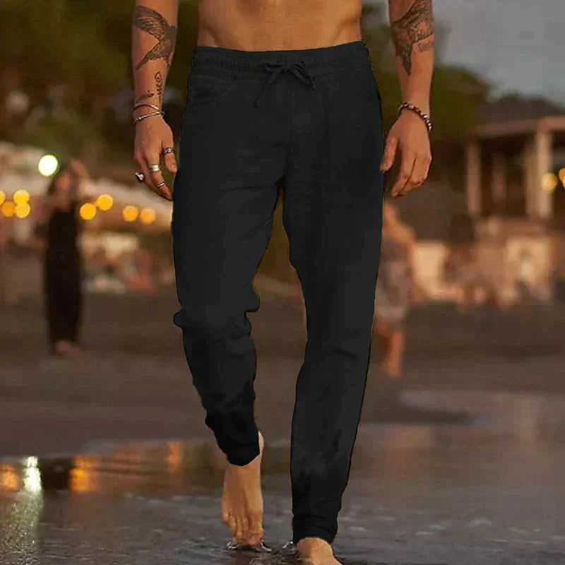 Pantalon en lin de plage noir, taille élastique avec cordon, jambes resserrées
