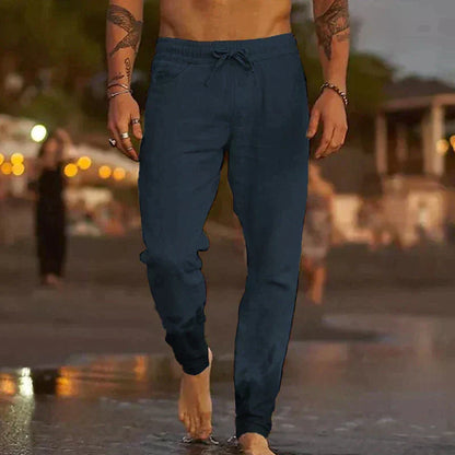 Pantalon en lin de plage bleu foncé, taille élastique avec cordon, finitions resserrées