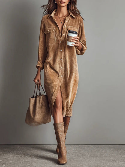 Robe chemise camel longue boutonnée, fente avant, poches plaquées, manches retroussées