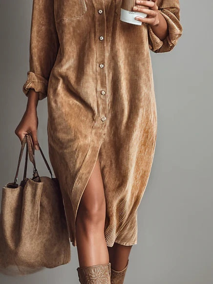 Robe chemise camel boutonnée, fente avant, poignets froncés, poches poitrine