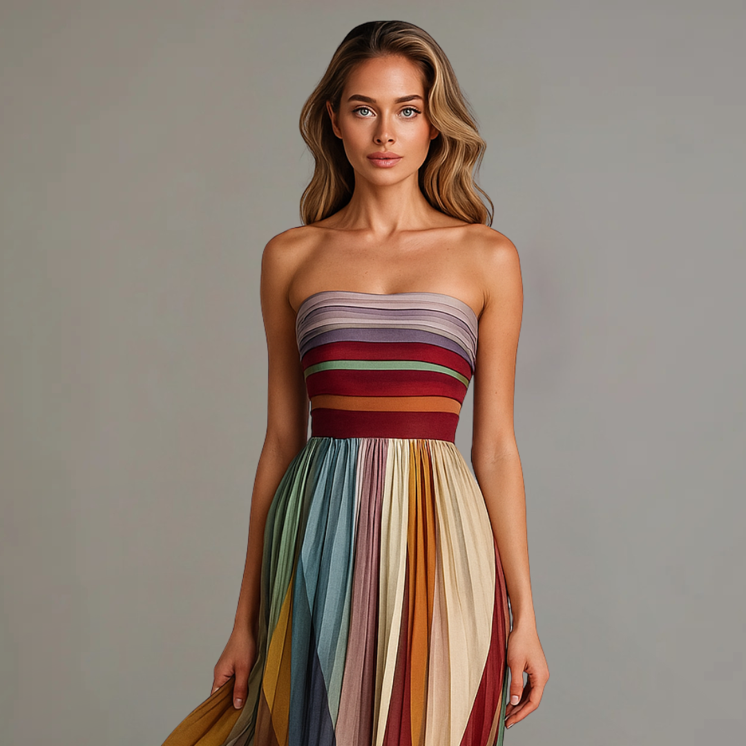 Robe longue à bustier bandeau, rayures multicolores verticales, jupe fluide évasée
