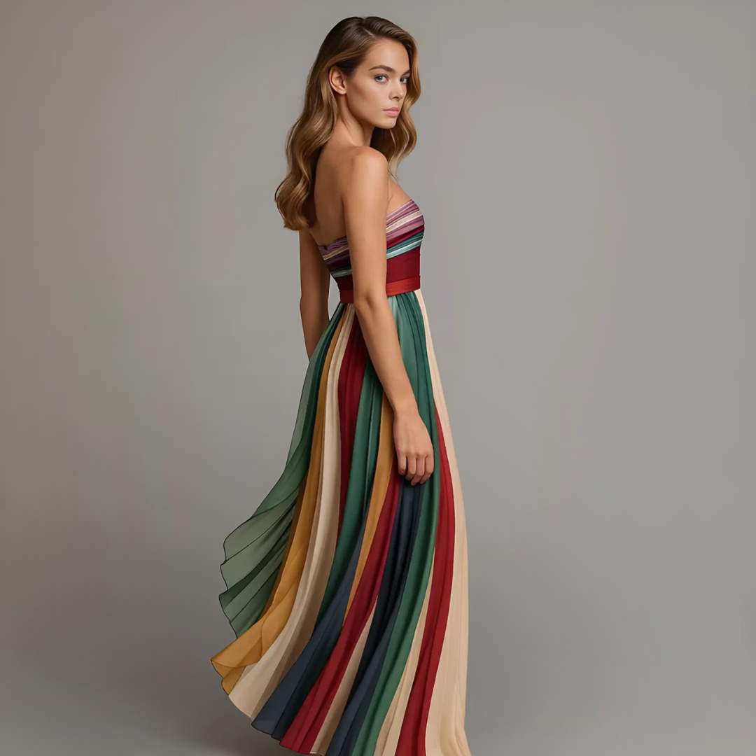 Robe maxi sans bretelles, bustier bandeau rayé multicolore, jupe ample et fluide