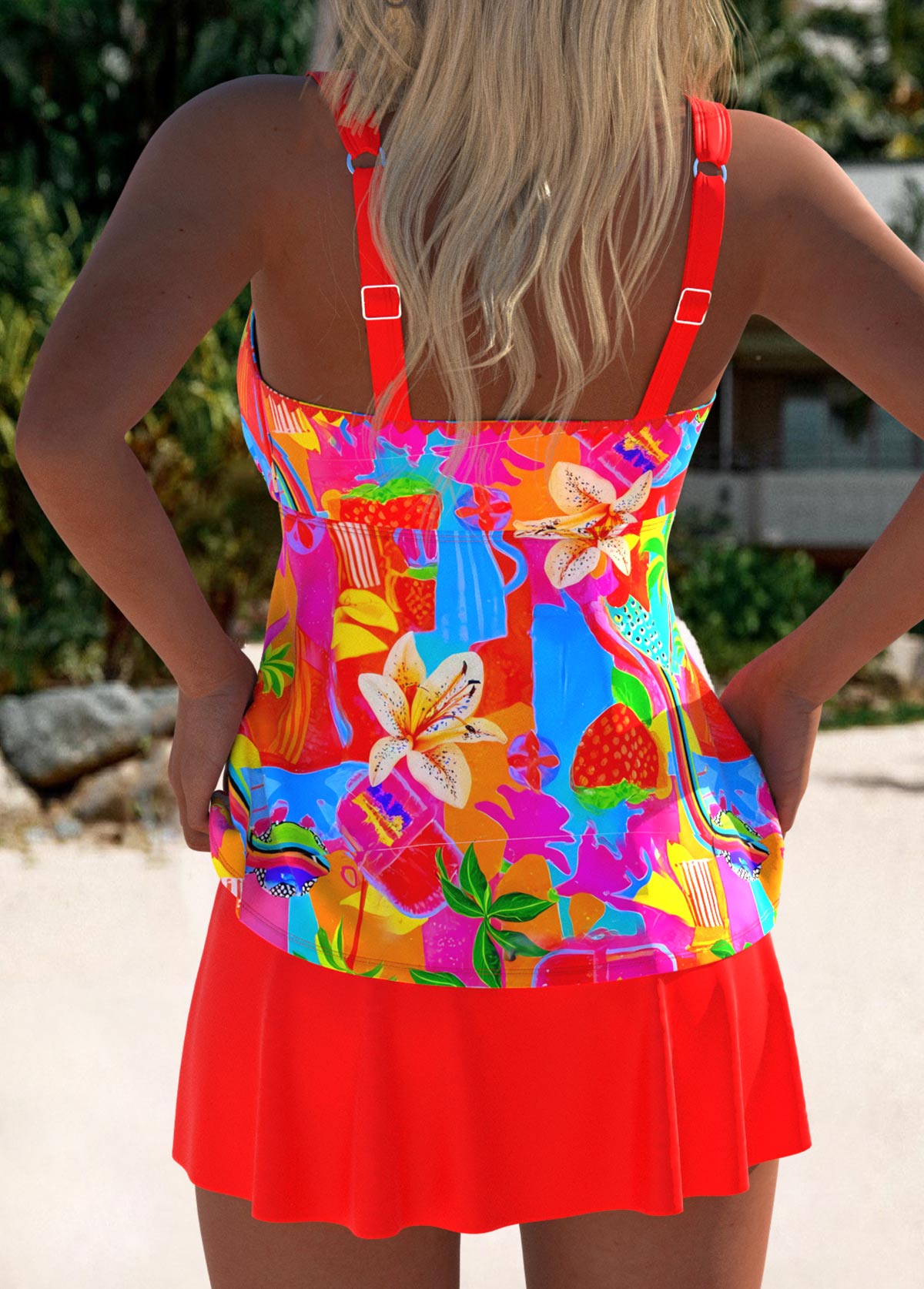 Tankini robe de bain corail, bretelles rouges, haut fleuri multicolore (vue dos)