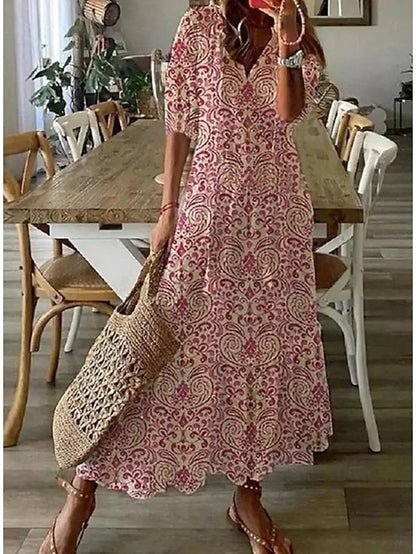 Robe midi bohème rose bordeaux, manches courtes, imprimé ornemental et ourlet volanté.