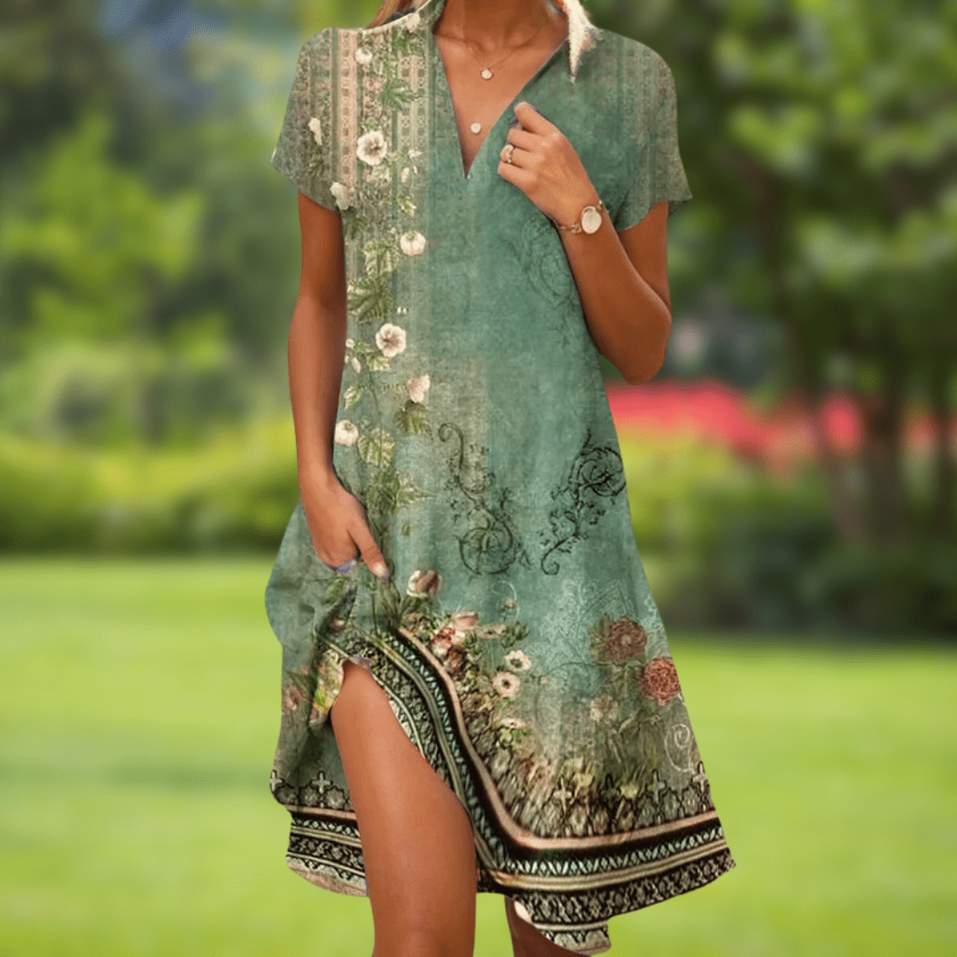 Robe verte à manches courtes, col en V boutonné, motif floral, ouverture latérale