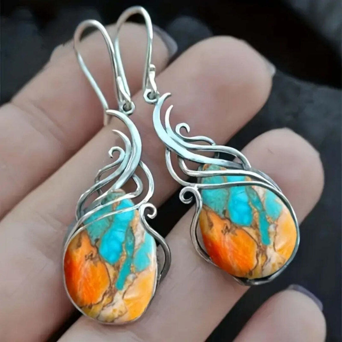 Boucles d’oreilles pendantes goutte turquoise et orange, monture argentée