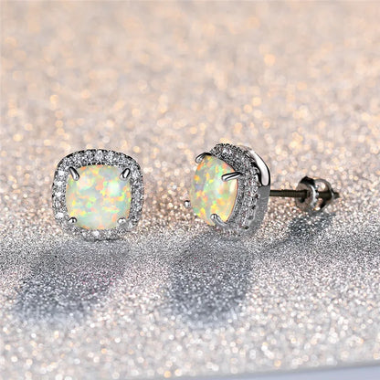 Boucles d’oreilles argent opale de feu ronde multicolore, fermoirs poussettes