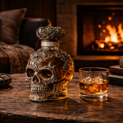 Carafe à whisky en verre ambré à motif crâne, couvercle sculpté et gravures décoratives.