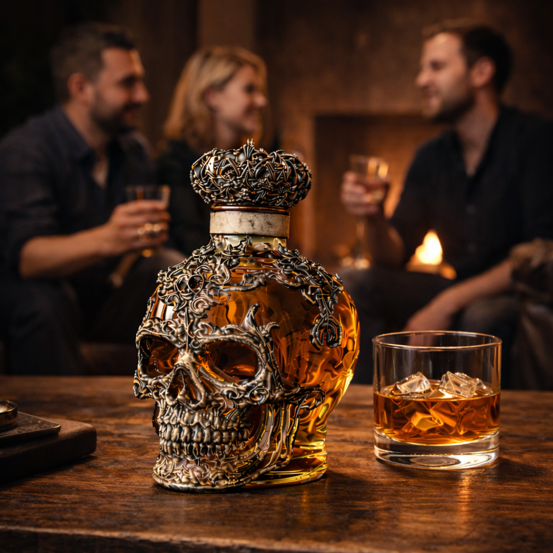 Carafe à whisky crâne en verre ambré avec couvercle décoratif, verre de whisky à côté.