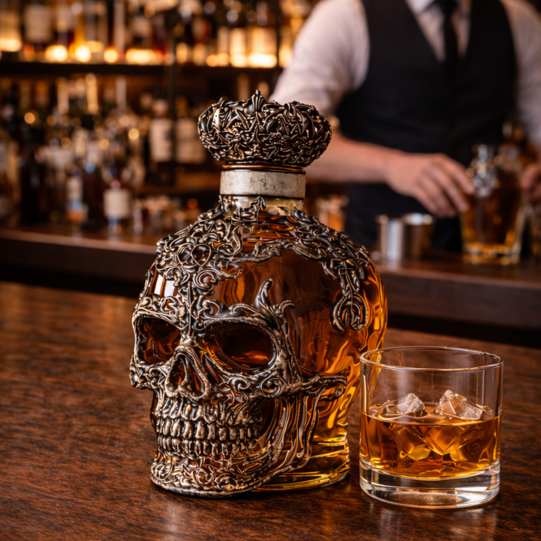 Carafe à whisky crâne en verre ambré détaillé, couvercle ornementé, verre rempli de whisky.