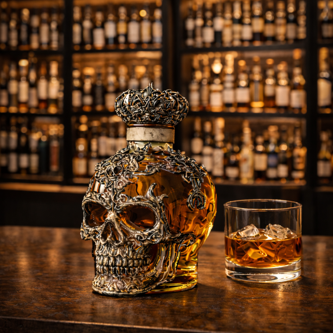 Carafe à whisky en forme de crâne, verre ambré et finitions sculptées, vue avant rapprochée.