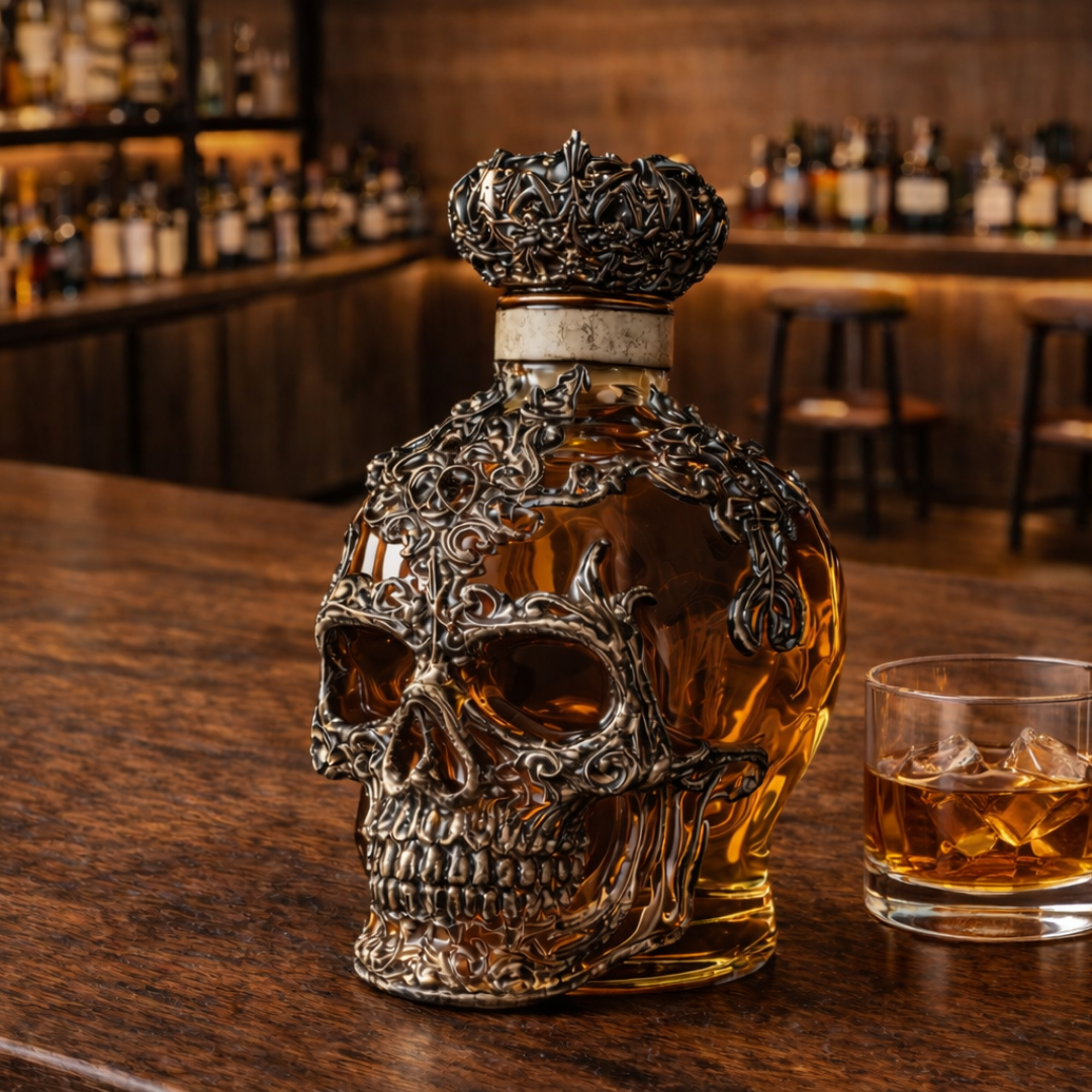 Carafe à whisky crâne en verre ambré avec couvercle décoratif, gros plan sur les gravures.