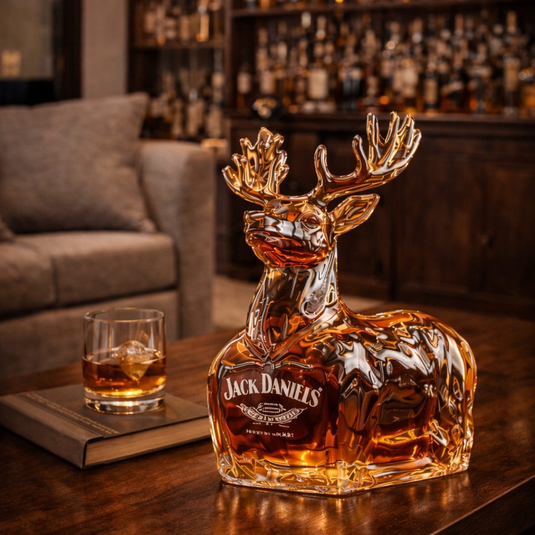 Carafe à whisky en forme de cerf doré avec marque Jack Daniel’s sur la base.