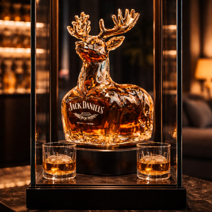 Carafe à whisky cerf doré Jack Daniel’s, vue dans un présentoir avec deux verres.