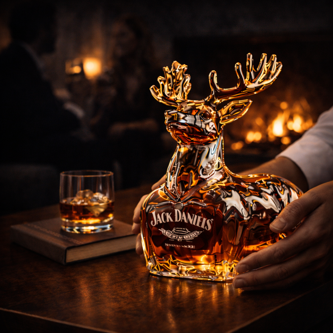 Carafe à whisky cerf doré Jack Daniel’s, mains tenant la base sur un comptoir.