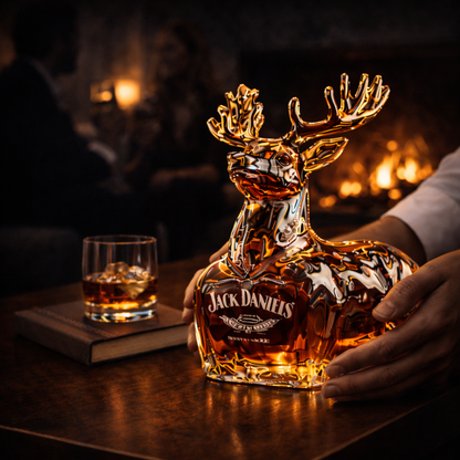 Carafe à whisky cerf doré Jack Daniel’s, mains tenant la base sur un comptoir.
