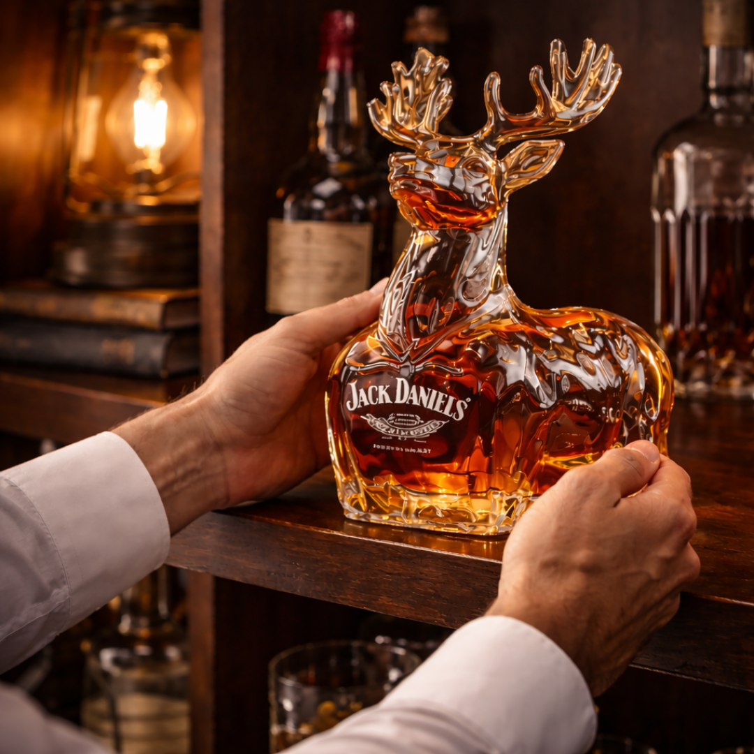 Carafe à whisky cerf doré Jack Daniel’s, mains tenant la carafe par les côtés.