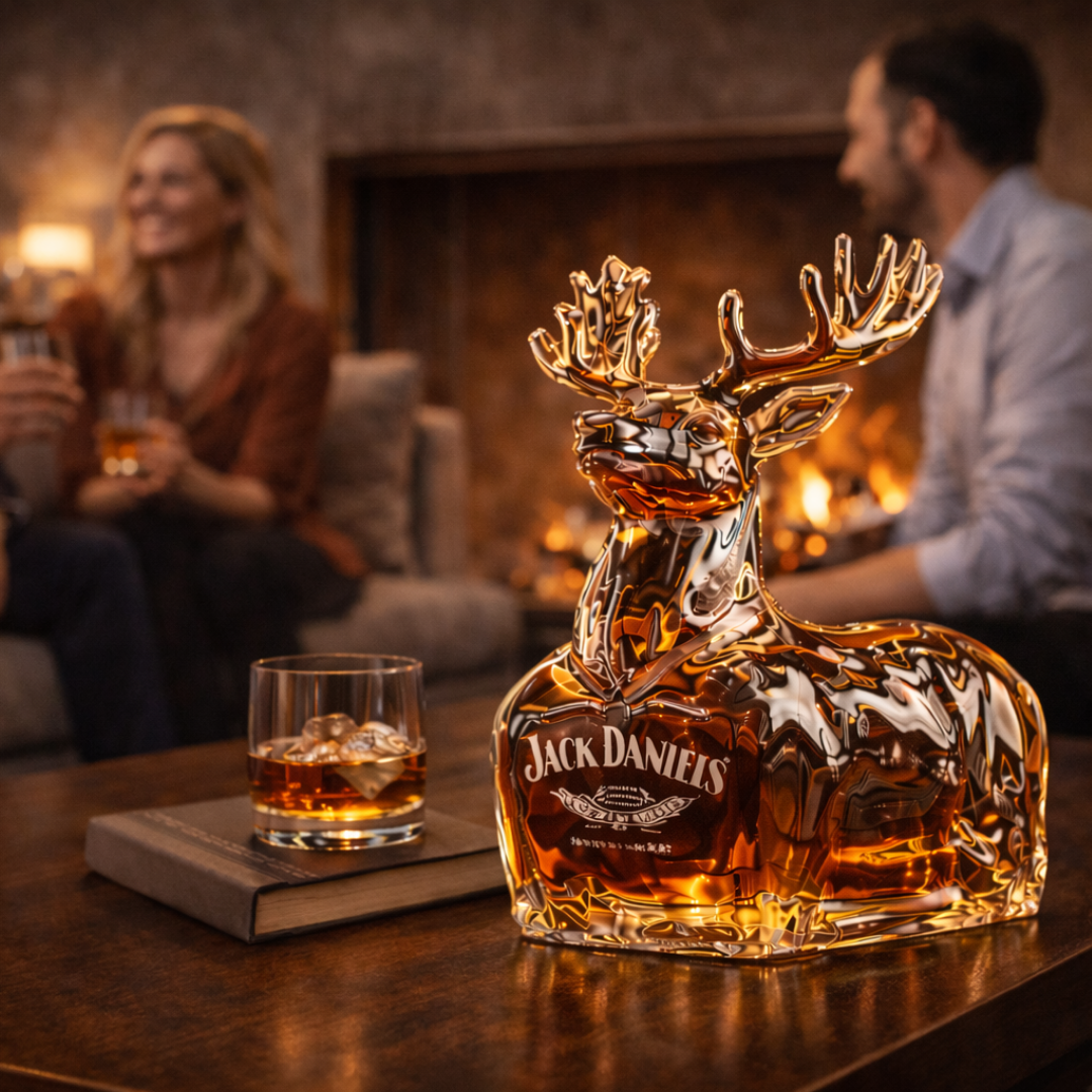 Carafe à whisky cerf doré Jack Daniel’s, sur une table avec un verre à whisky à côté.